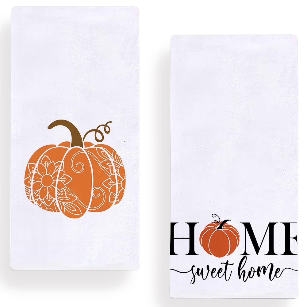 Fall Pumpkins Home Sweet Home Kitchen Dish Towel 18 X 28 Inch Set Of 2, Seasonal Autumn Harvest Thanksgiving Holiday Tea Towels