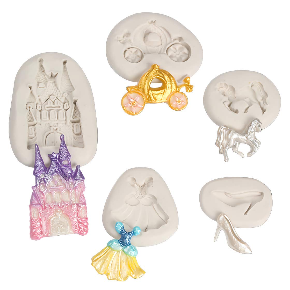 5Pcs/Set Cinderella Fondant Mold Fairy Tales Castle Pumpkin Carriage Princess Dress Crystal Shoes Silicone Chocolate Candy Mold