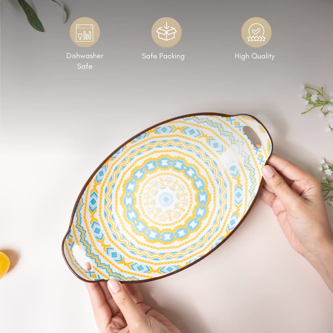 Nestasia Blue & Yellow Mandala Ceramic Long Dish with Handles for Serving Snacks, Appetizers, Salads, and Noodles| Microwave Saf