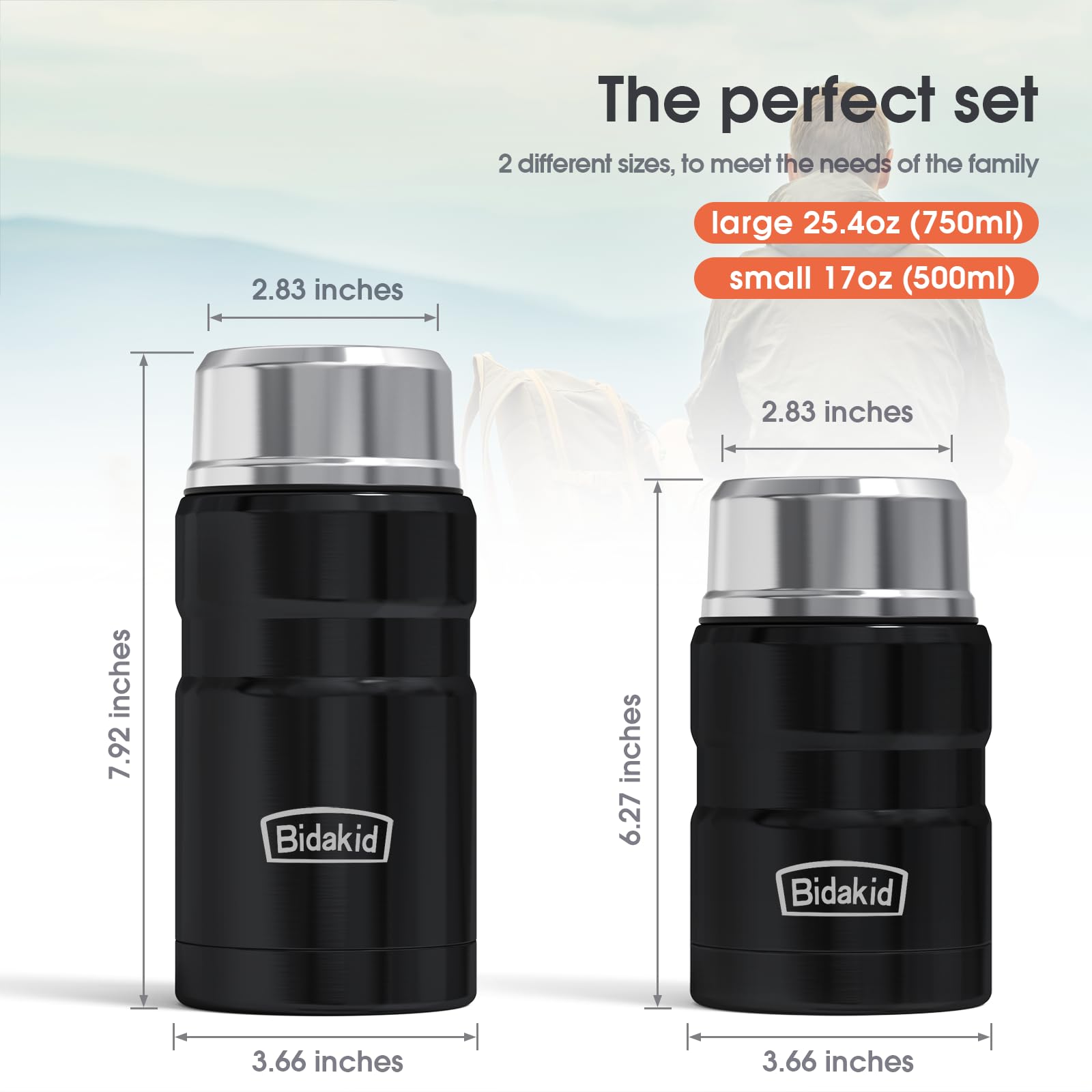 Bidakid Insulated Food Jar Set - 25.4Oz & 17Oz Stainless Steel Containers With Folding Spoon And Carrying Bags - Leak-Proof, Kee