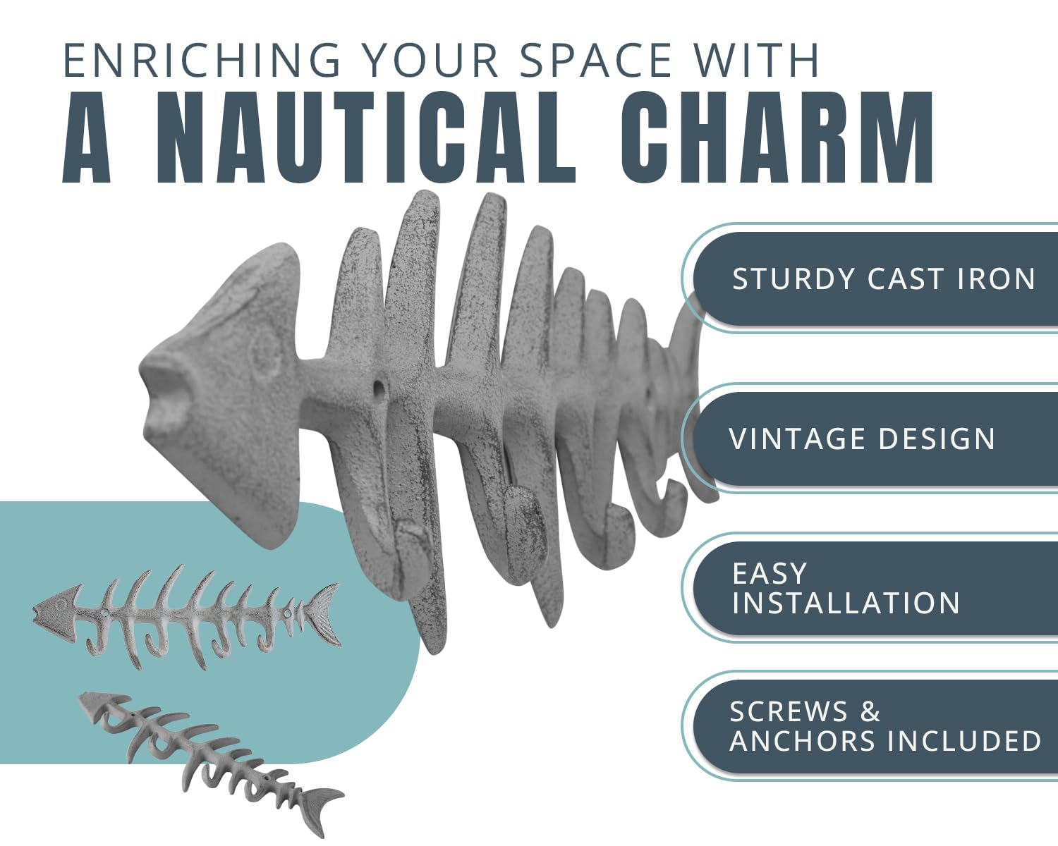 Comfify Decorative Fish Bones Wall Mounted Towel Rack Stylish Cast Iron Hanger W/ 4 Fish    Hooks | Includes Screws And Anchors