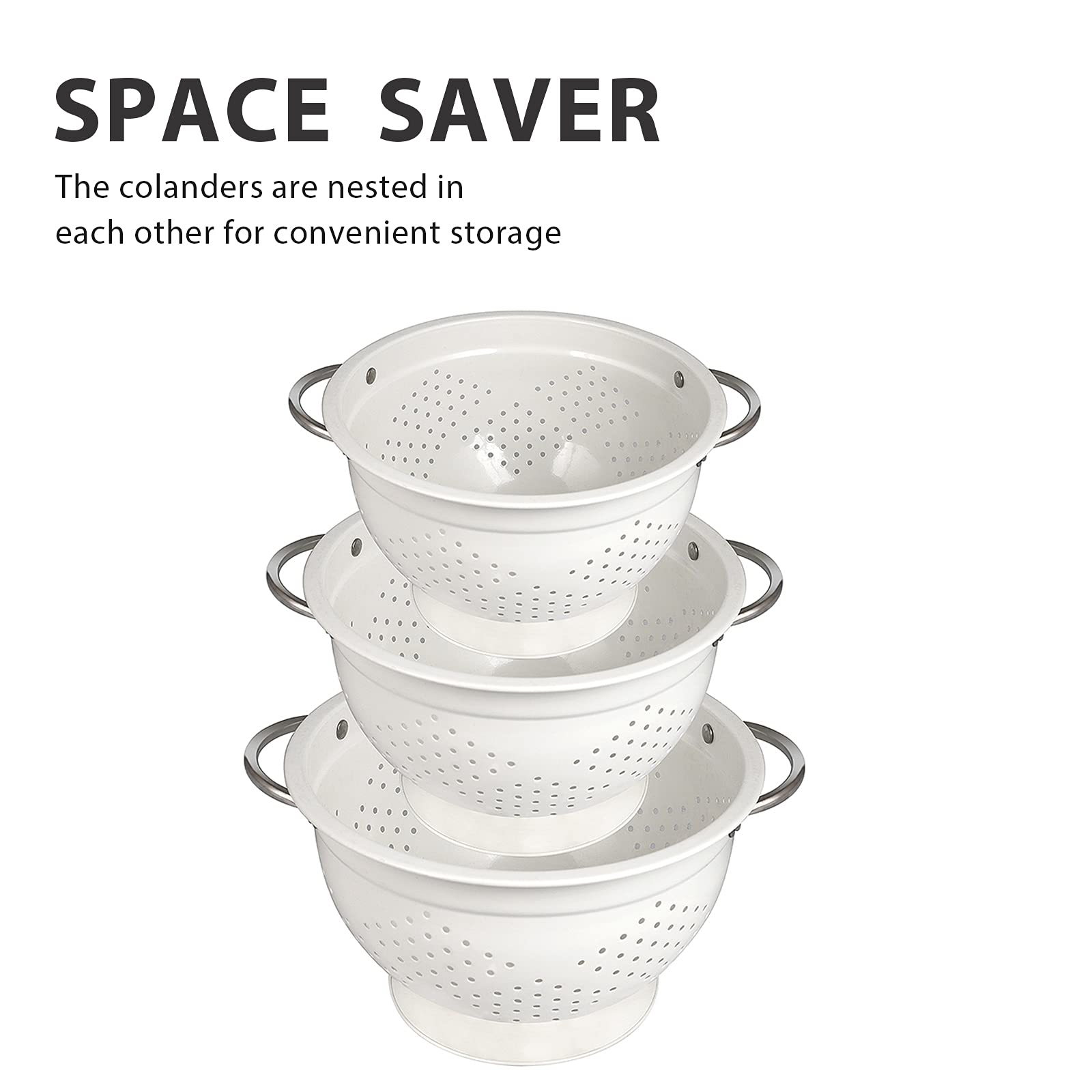 Hillbond Colander Set Of 3, 1.5, 3, 5 Qt Powder Coated Metal Strainers With Riveted Stainless Steel Handles And Stable Base, Str