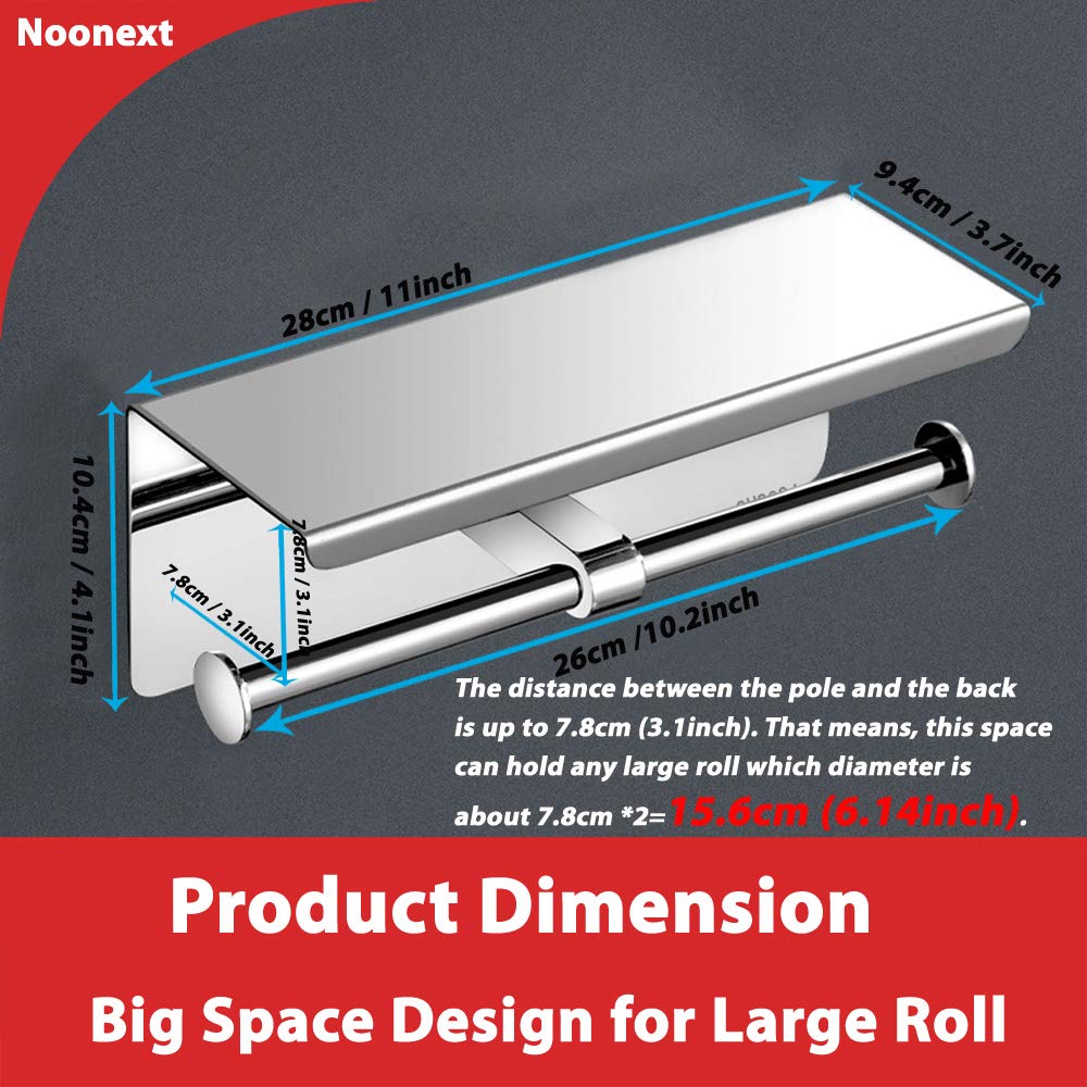 Double Toilet Paper Holder with Phone Shelf  Dual Roll Paper Dispenser with Shelf  Polished Chrome  Toilet Tissue Roll Holder with Rack  Adhesive No Drilling or Wall-Mounted with Screws