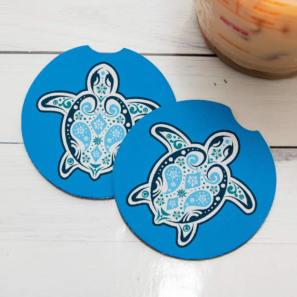Blue Sea Turtle. Car Coasters For Drinks Set Of 2. Perfect Car Accessories With Absorbent Coasters. Car Coaster Measures 2.56 In