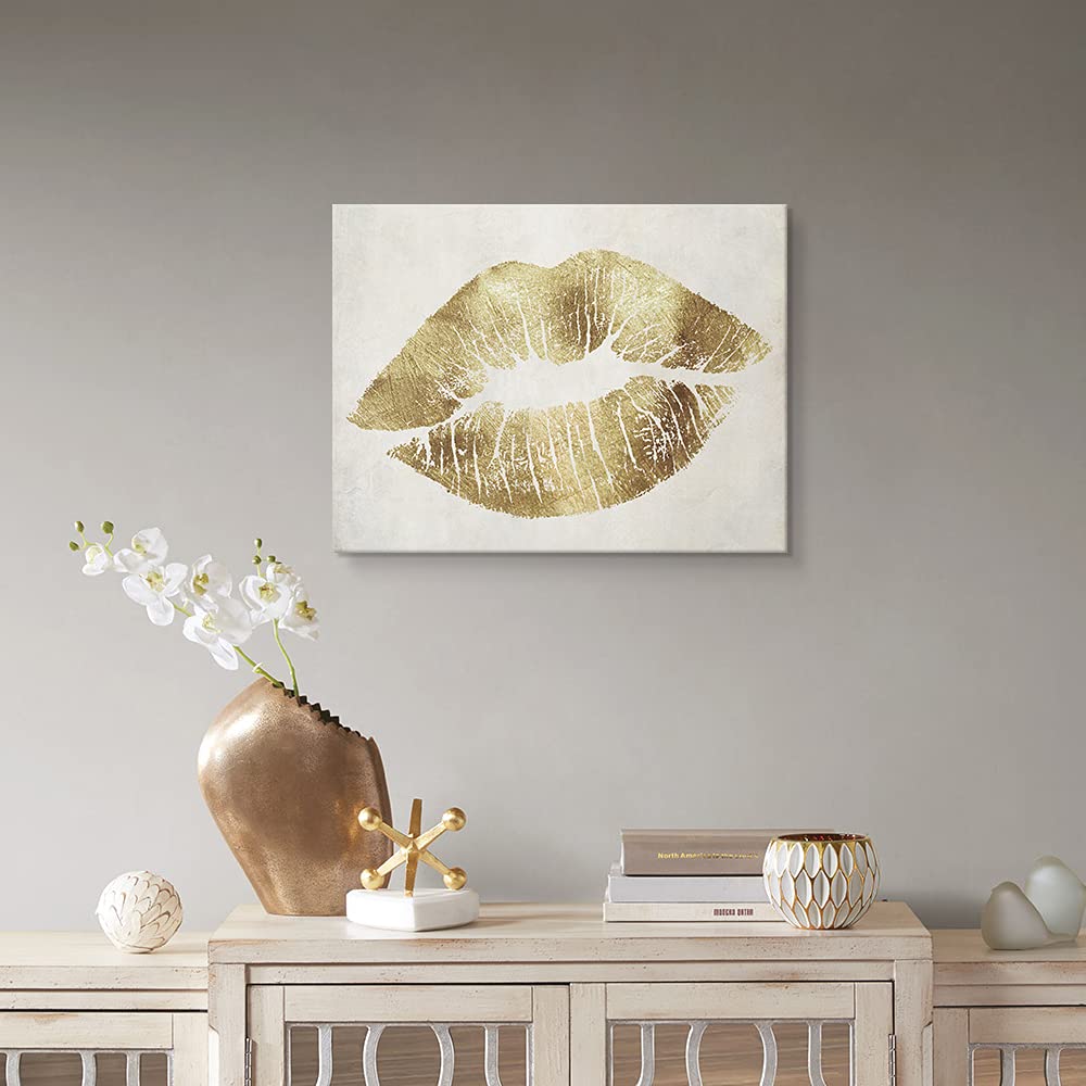 7Canvas Gold Wall Decor Glam Lip Wall Art Romantic Kiss Lip Artwork Canvas Print Picture For Bedroom Wall Bathroom Makeup Room D