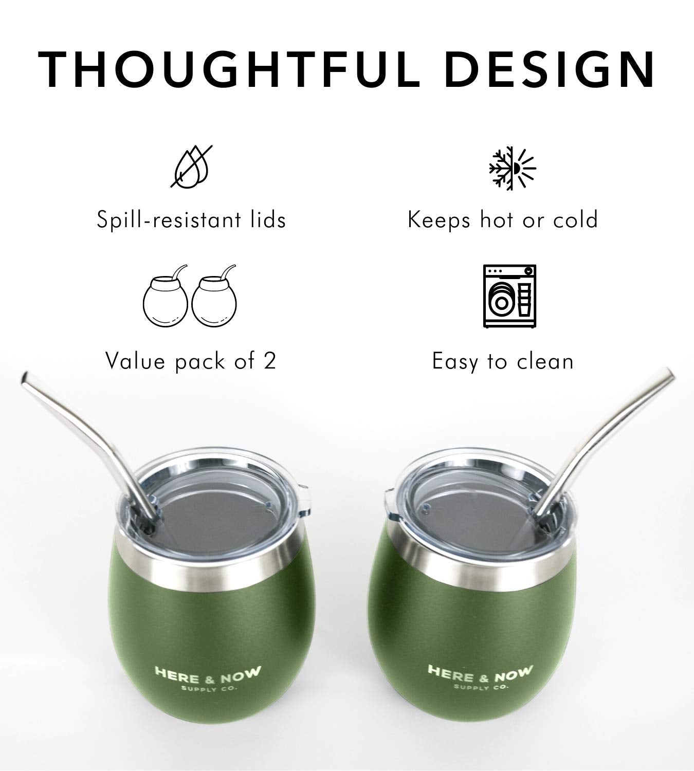Here & Now Yerba Mate Cup And Bombilla Set | 2 Mate Gourds, Spill Resistant Lids, & Mate Straws | Bombilla Brush & Pouch Include