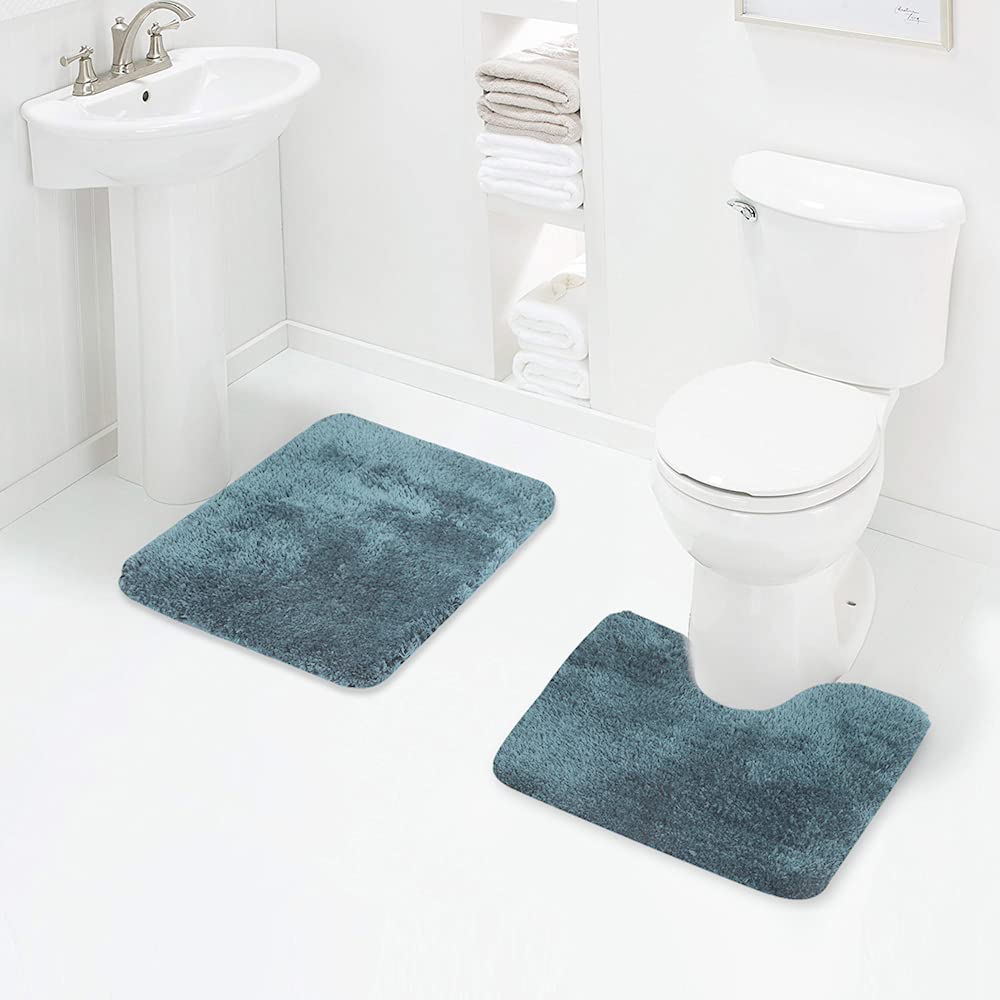 Walensee Shaggy 2 Piece Bath Rug Sets (Teal) 20 X 24 U Shape Contour Rug & 20 X 32 Bathroom Rug Machine Wash/Dry Bath Mats For B