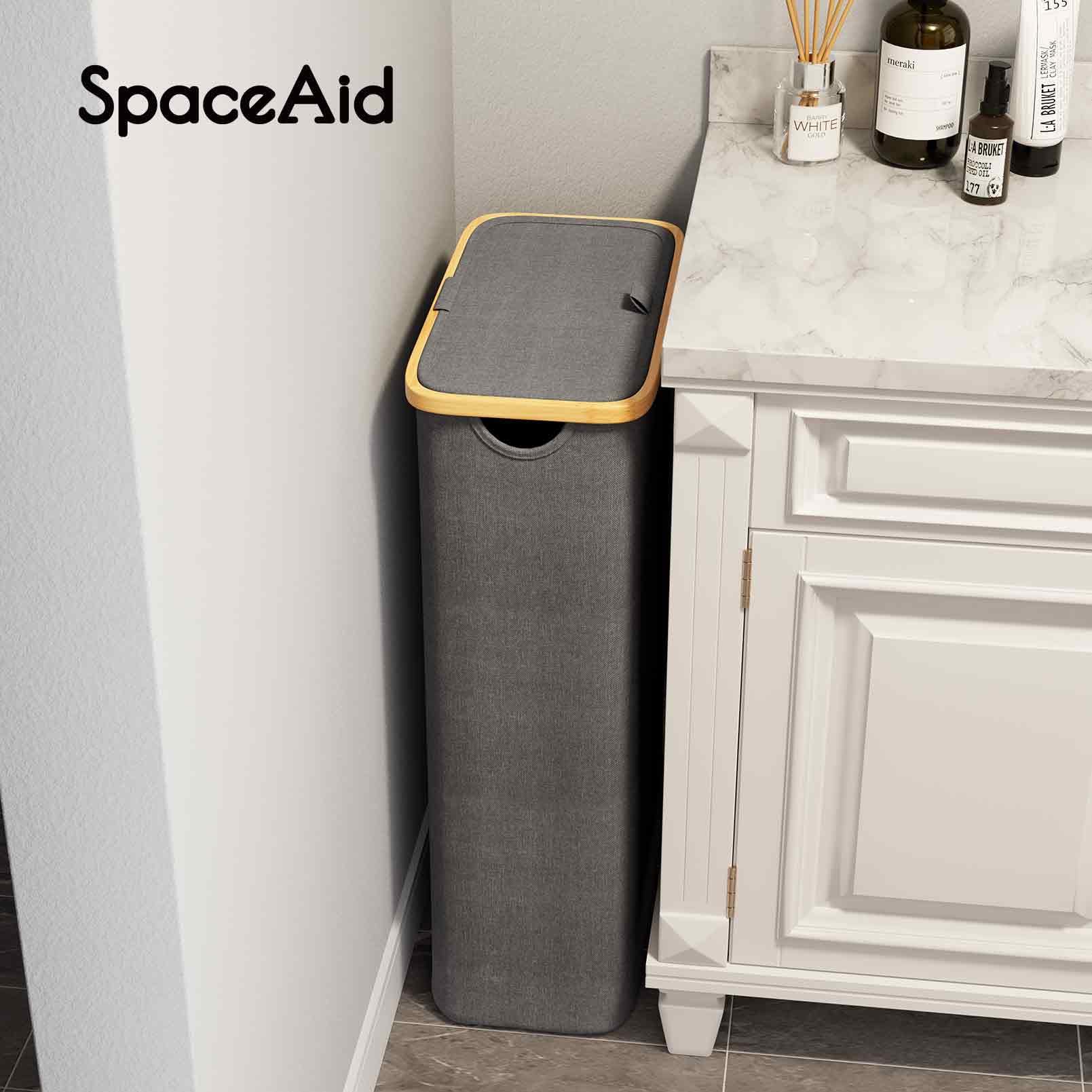 Spaceaid Slim Laundry Hamper With Lid, 65L Narrow Clothes Basket Bin With Bamboo Handles, Skinny Tall Collapsible Hamper For Bed