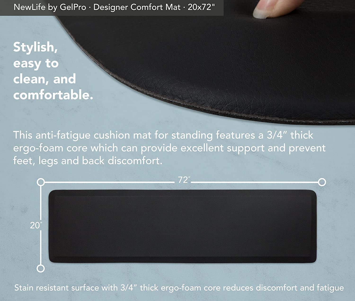 GelPro NewLife Designer Comfort Ergo-Foam Anti-Fatigue Kitchen Floor Mat  20'' x 72''  Leather Grain Jet