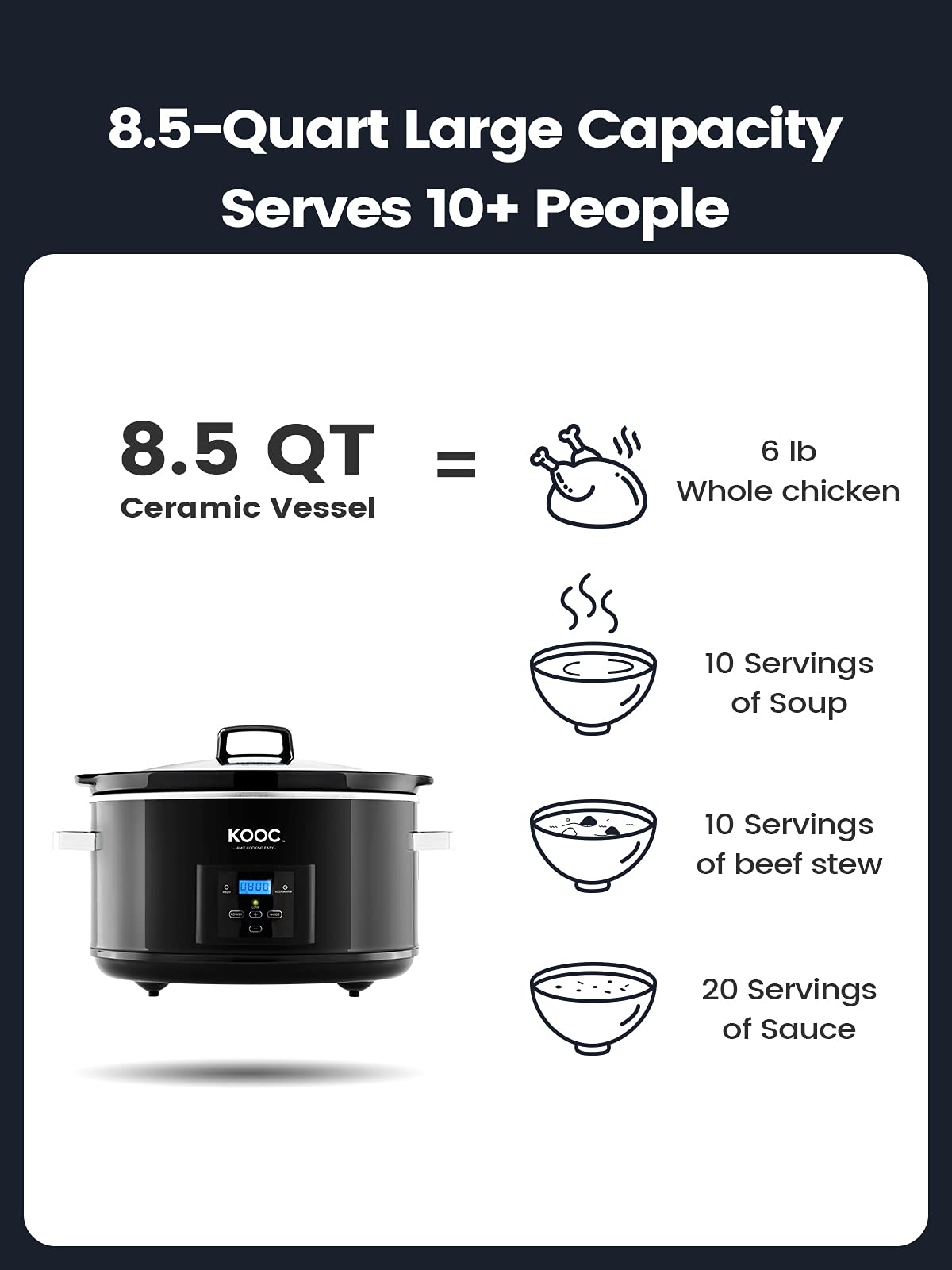 KOOC 8.5-Quart Programmable Slow Cooker, Black Stainless Steel, Model KSC850B-Pro, Digital Timer, Free Liners Included