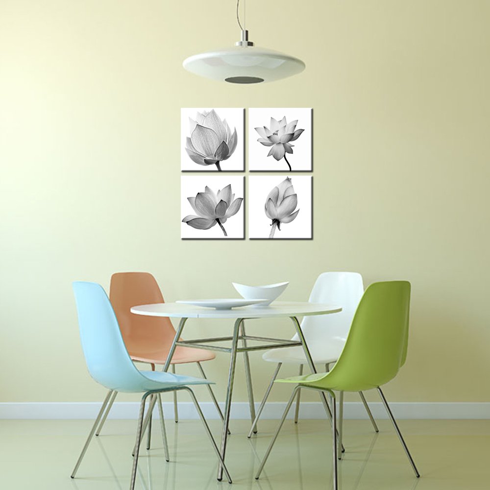 Vvovv Wall Decor - 4 Panels Flowers Artwork Black And White Elegant Floral Canvas Art Print Blooming Lotus Picture Framed Water