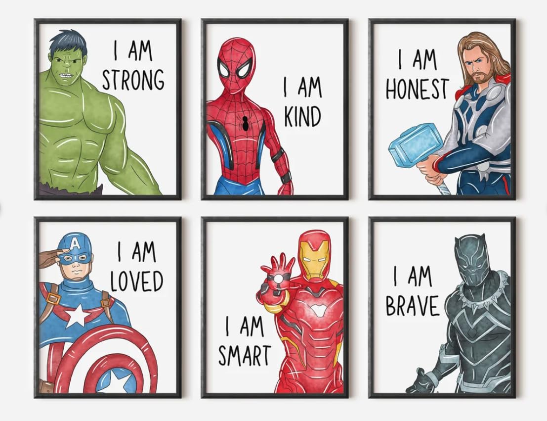 Shophaven Superheroes Art Print Set Of 6, I Am Affirmations, Boys Bedroom Dcor, Kids Wall Art, Iron Man, Hulk, Spiderman, Thor, 
