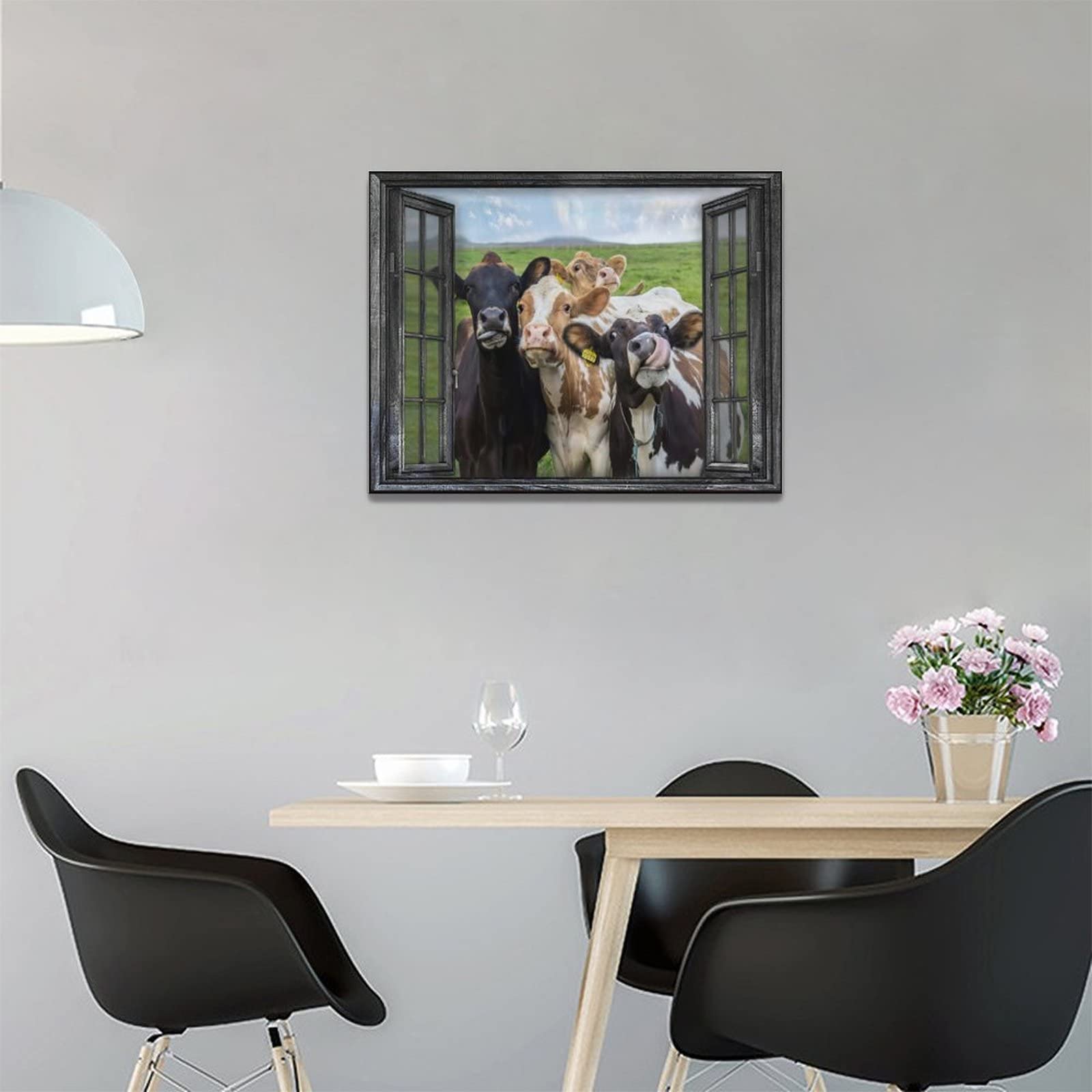 exroozy Rustic Cow Wall Art Funny Cows Window Pictures Wall Decor Farmhouse Cow Canvas Painting Print Modern Artwork Country Room Decor Framed Ready to Hang for Living Room Bathroom Office 16''x12''
