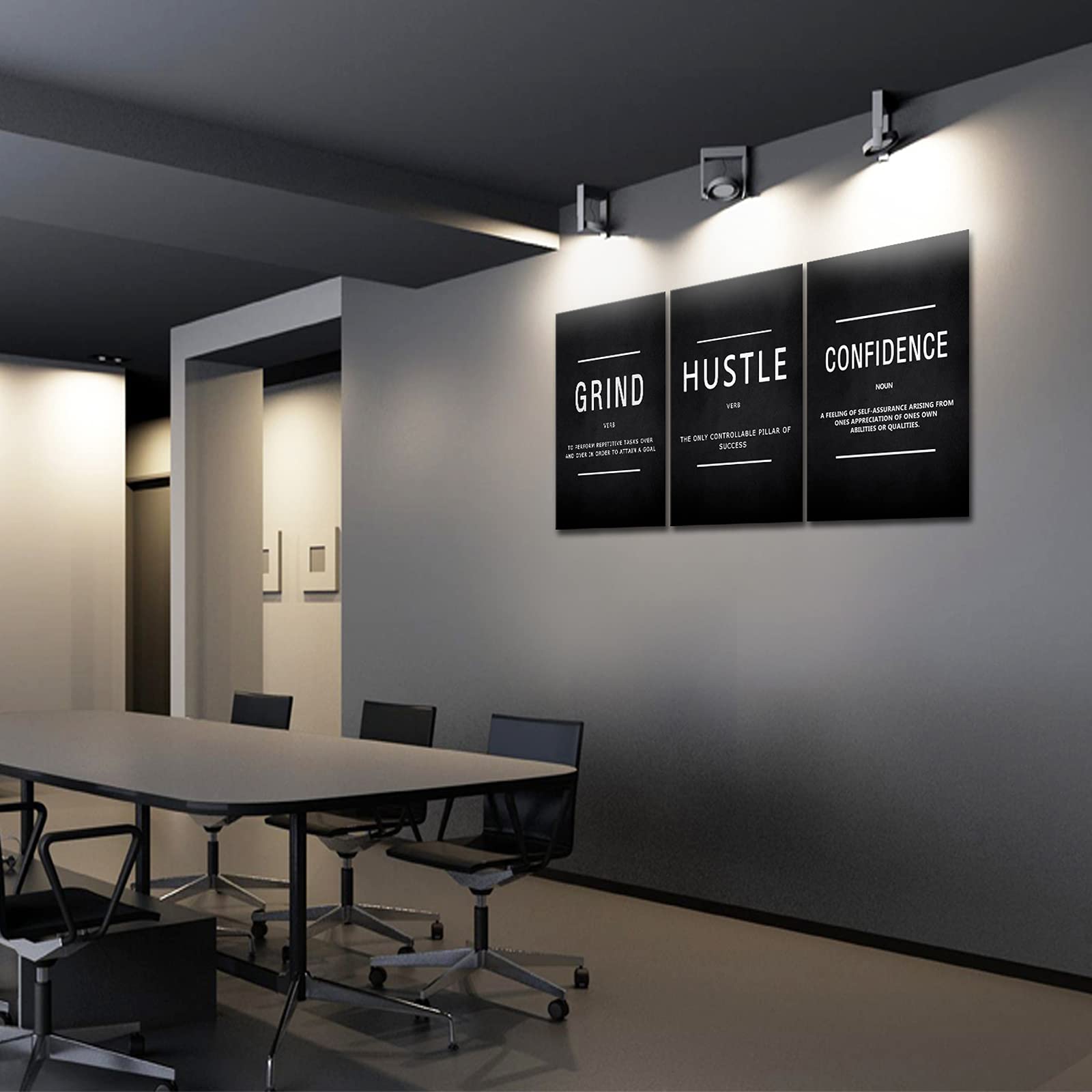 KAWAHONE Motivational Success Canvas Wall Art  Grind Hustle Confidence Wall Decor Framed Inspirational Entrepreneurs Painting Prints Quotes Poster for Office Workplace Easy to Hang- 20'' Wx28 Hx3Piece