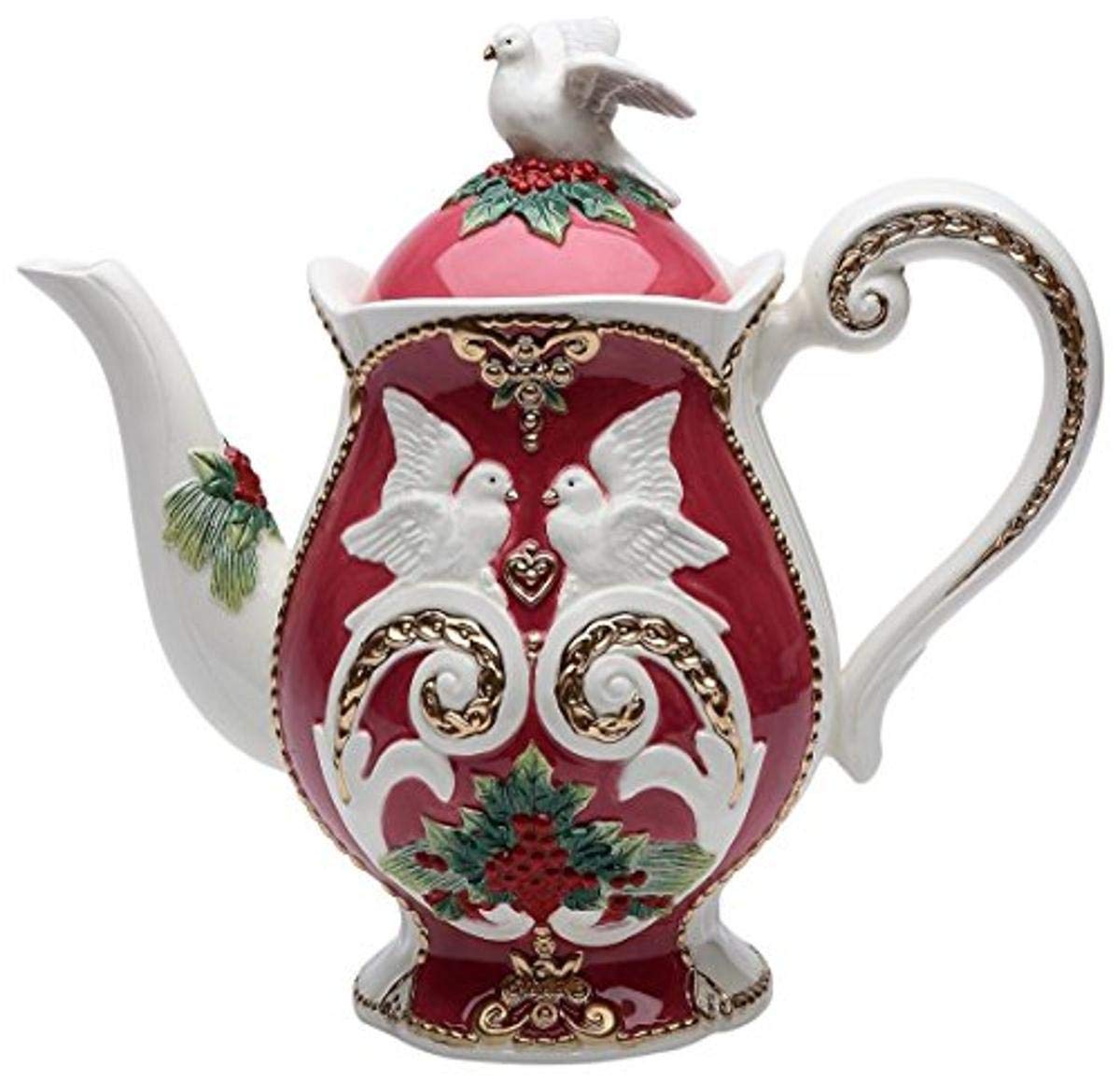 StealStreet SSCG10676, 9.5 Inch Porcelain Teapot with Holiday Color Doves and Flowers