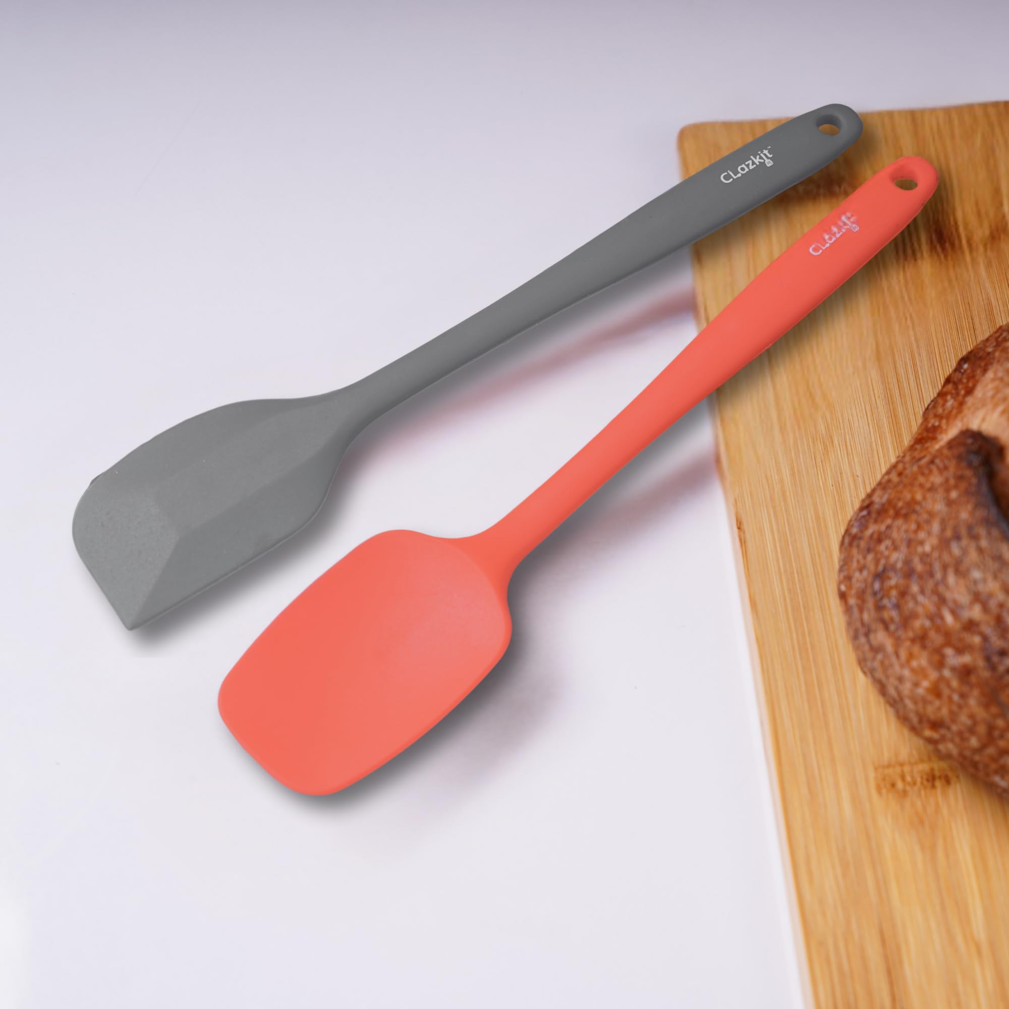 Clazkit Large Spatula & Large Spoon (Set Of 2,Grey & Light Brown) Non-Stick Silicone Spatula Set For Cooking & Baking, Heat-Resi