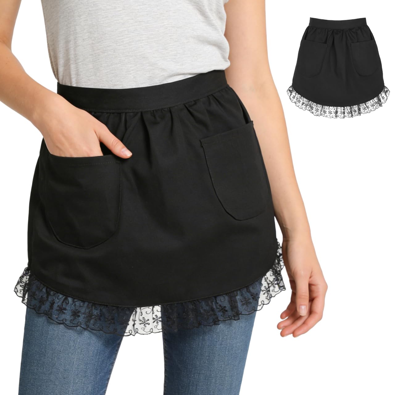 Vintage Lace Half Apron With Pockets  Retro Black Cotton Waist Apron For Kitchen Cooking, Baking, Crafting, Gardening, Cosplay