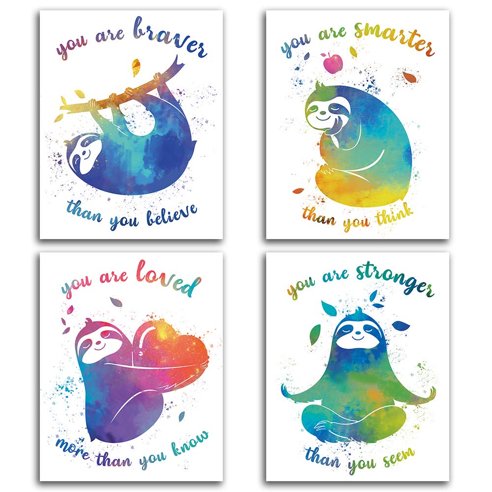 Chien-Chi Lili Colorful Sloth Inspirational Words Watercolor Art Print Set Of 4 (8X10), Sloth Art Poster For Boys & Girls, Nurse