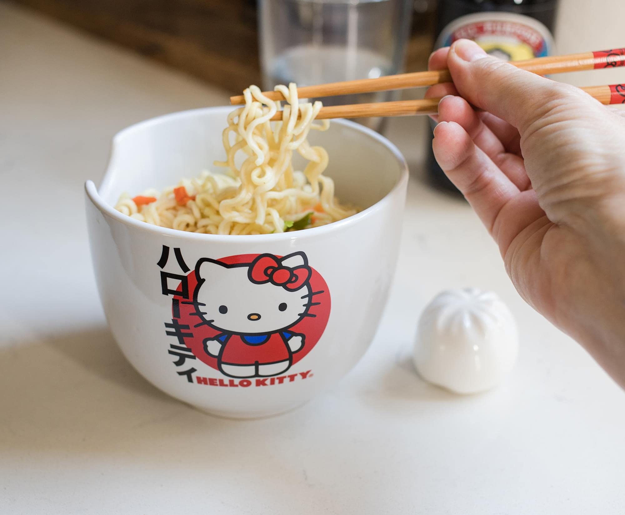 Silver Buffalo Sanrio Hello Kitty Japanese Ceramic Ramen Noodle Rice Bowl With Chopsticks, Microwave Safe, 20 Ounces