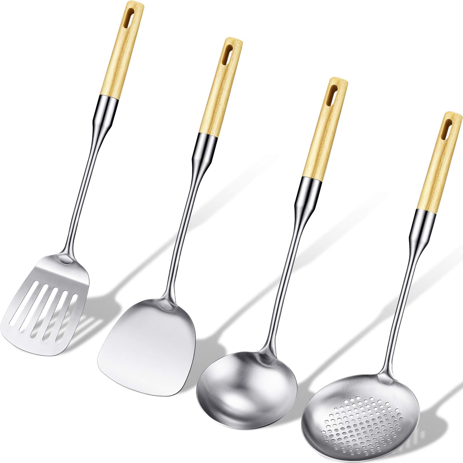 Stainless Steel Kitchen Cooking Utensils Specialty Chinese Wok Utensil Set With Skimmer Slotted Spoon, Spatula Turner, Wok Spatu