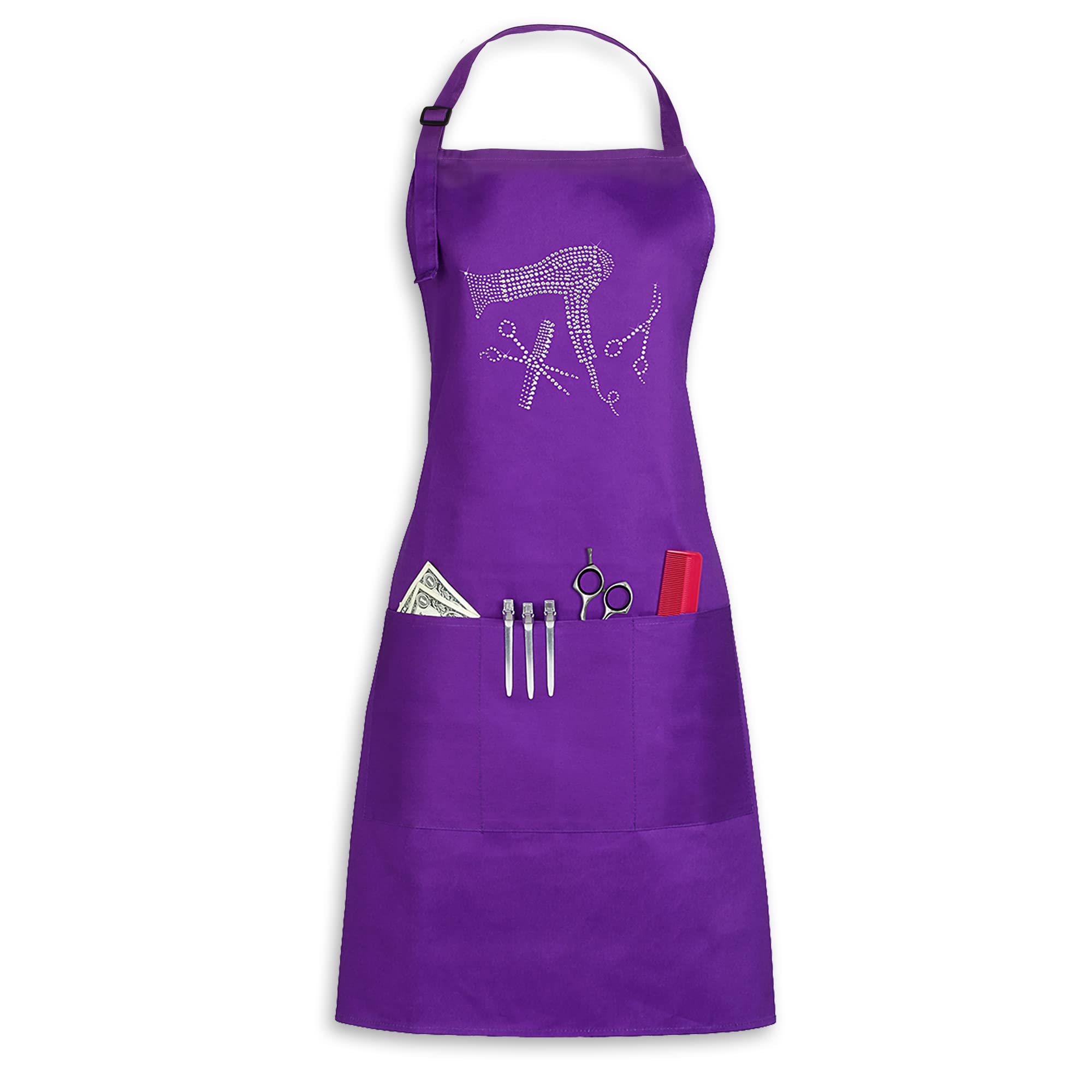 Hair Stylist Apron With Rhinestone Tools For Hairdresser, Cosmetologist Or At Home Hair Cutting, 3 Pockets Adjustable Neck, Purp