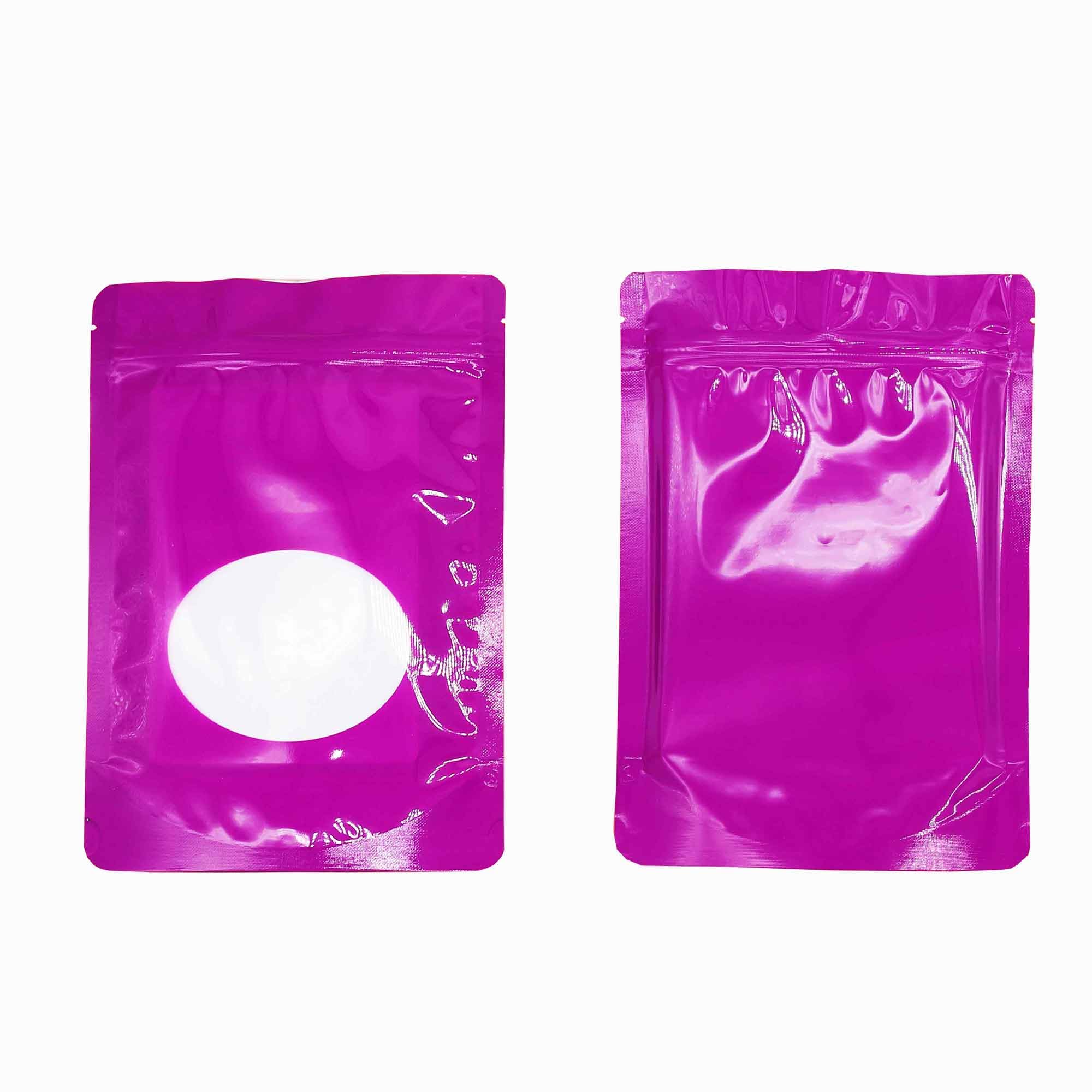 Double-Sided Matte/Glossy Color with Clear Round Window Stand-Up Pouch (100 Bags/Pack) (6.3 x 8.7, Glossy Purple)
