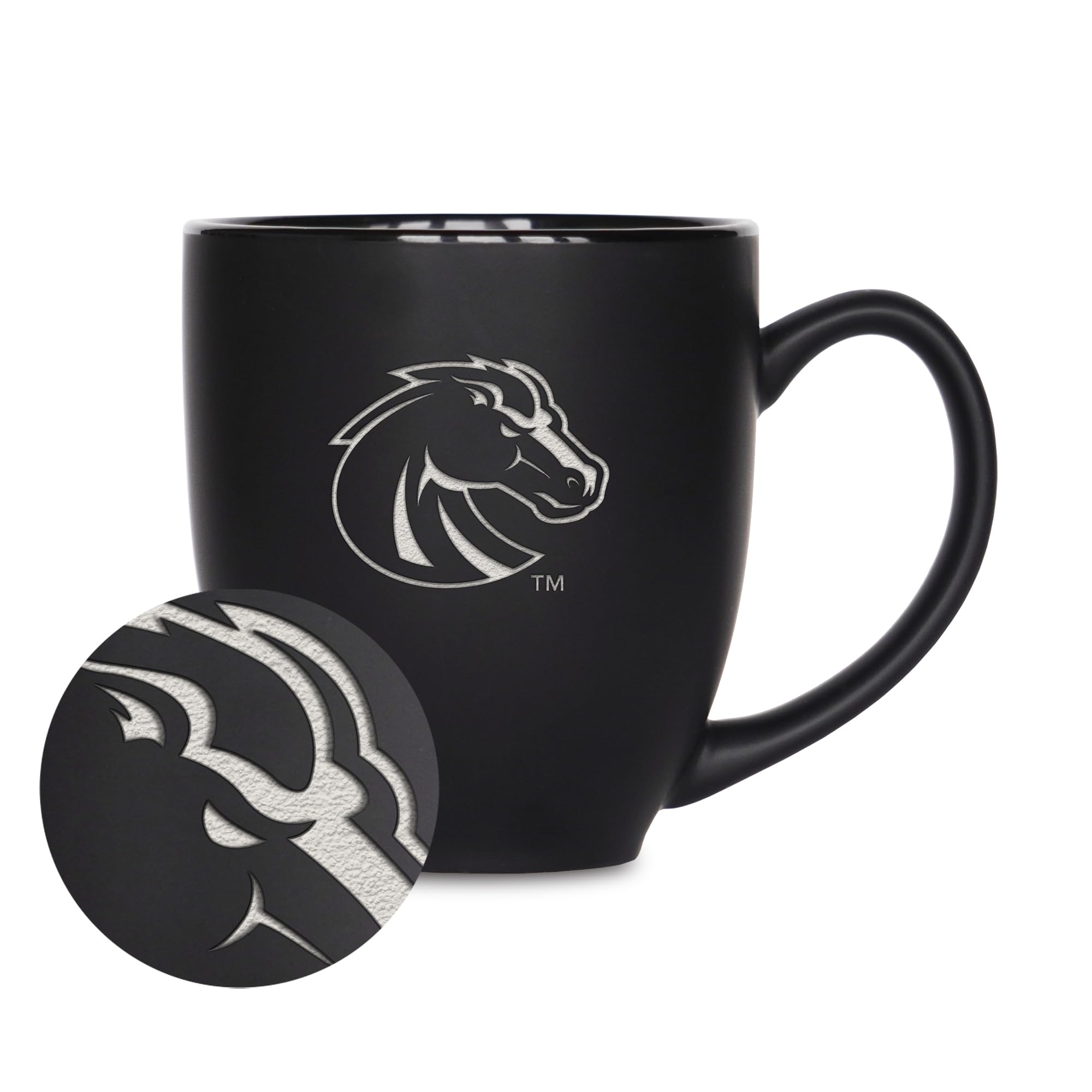 Rico Industries NCAA Boise State Broncos Main 15oz Laser Engraved Matte Black Ceramic Bistro Mug - For Hot or Cold Drinks