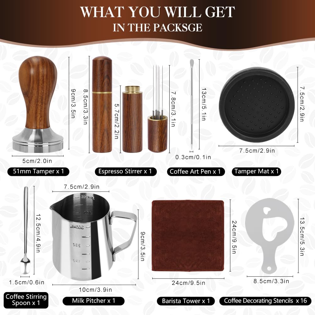 Y-Step 23 PCS Coffee Tamper Set  Espresso Accessories Kit Barista Kit  with Espresso Tamper 51mm  Coffee Stirrer  Frothing Pitcher  Tamper Mat  Latte Art Pen  Sandalwood Tamper for Espresso Machine