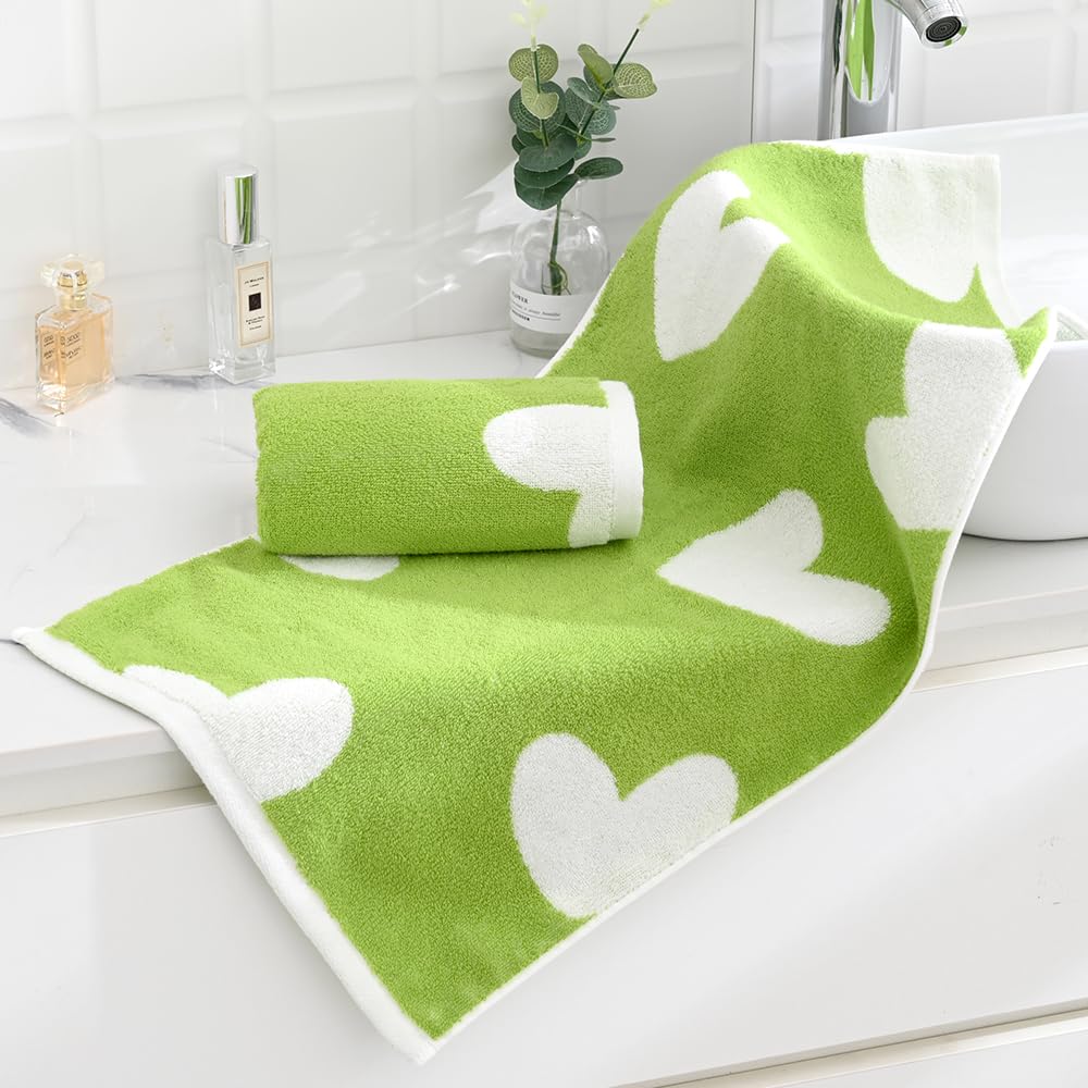 Sense Gnosis Green Hand Towel Heart Pattern 100% Cotton Absorbent Soft 2 Pc Hand Towel Set For Bathroom 13 X 29 Inch