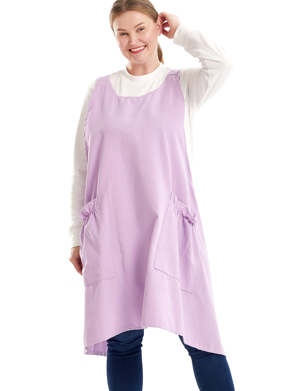 Apronner Cross Back Plus Size Linen Aprons For Women With Pockets Blend Dress For Baking Cooking Gardening Works Lavender