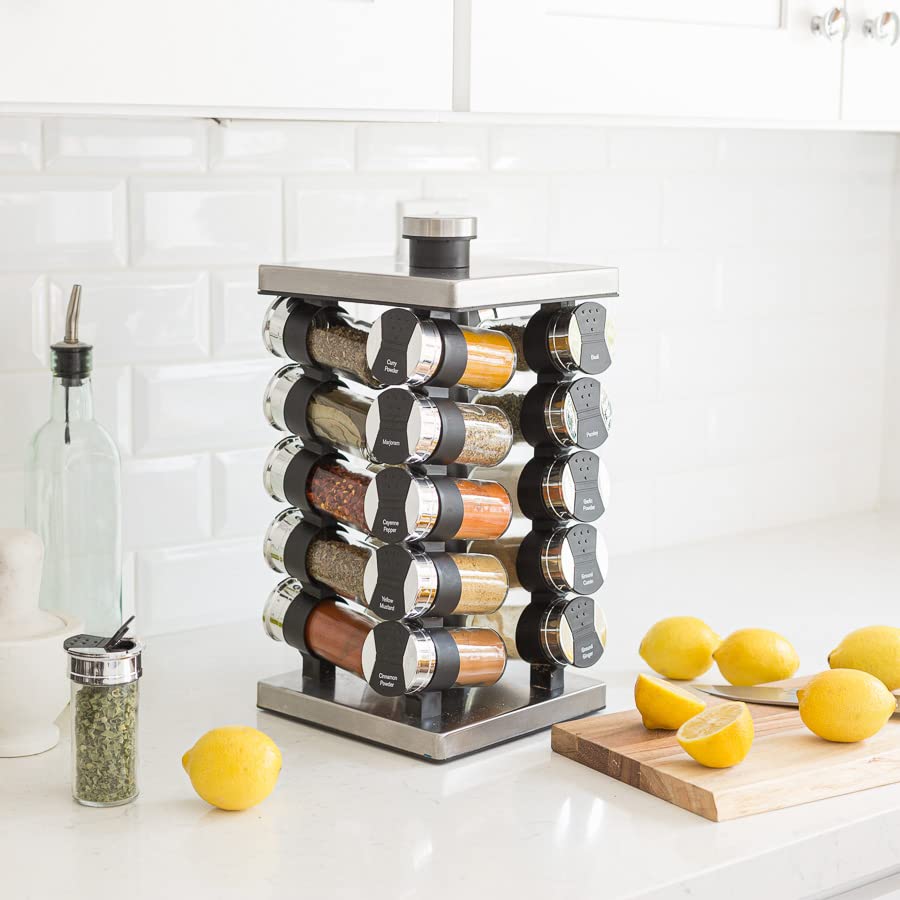 Orii 20 Jar Spice Rack with Spices Included - Tower Organizer for Kitchen Spices and Seasonings  Free Spice Refills for 5 Years (Silver Black)