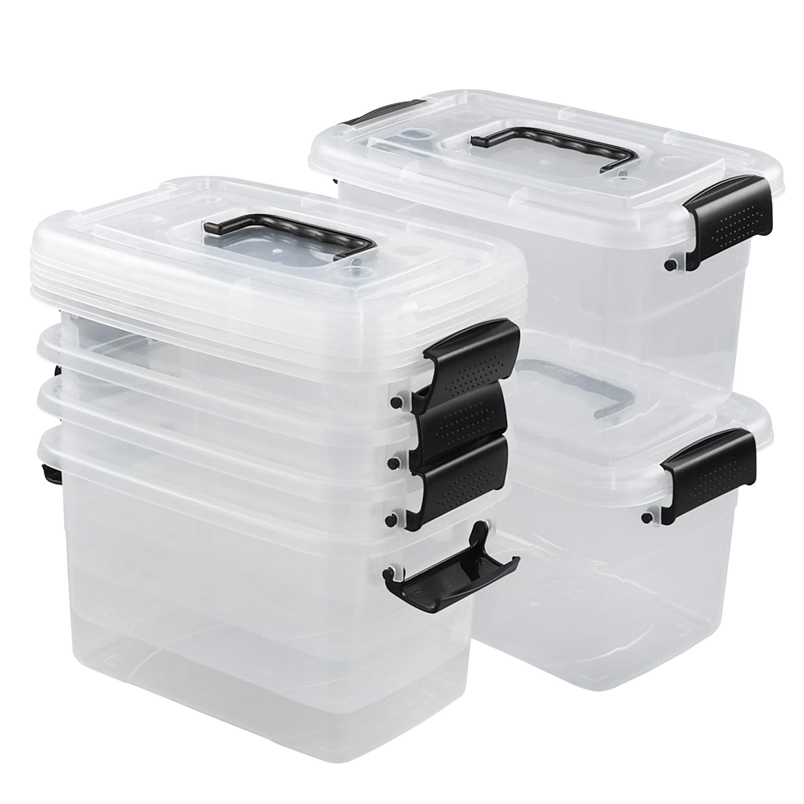 Jandson 5 Quart Clear Storage Bin, Latching Box Container With Black Handle, 6 Packs