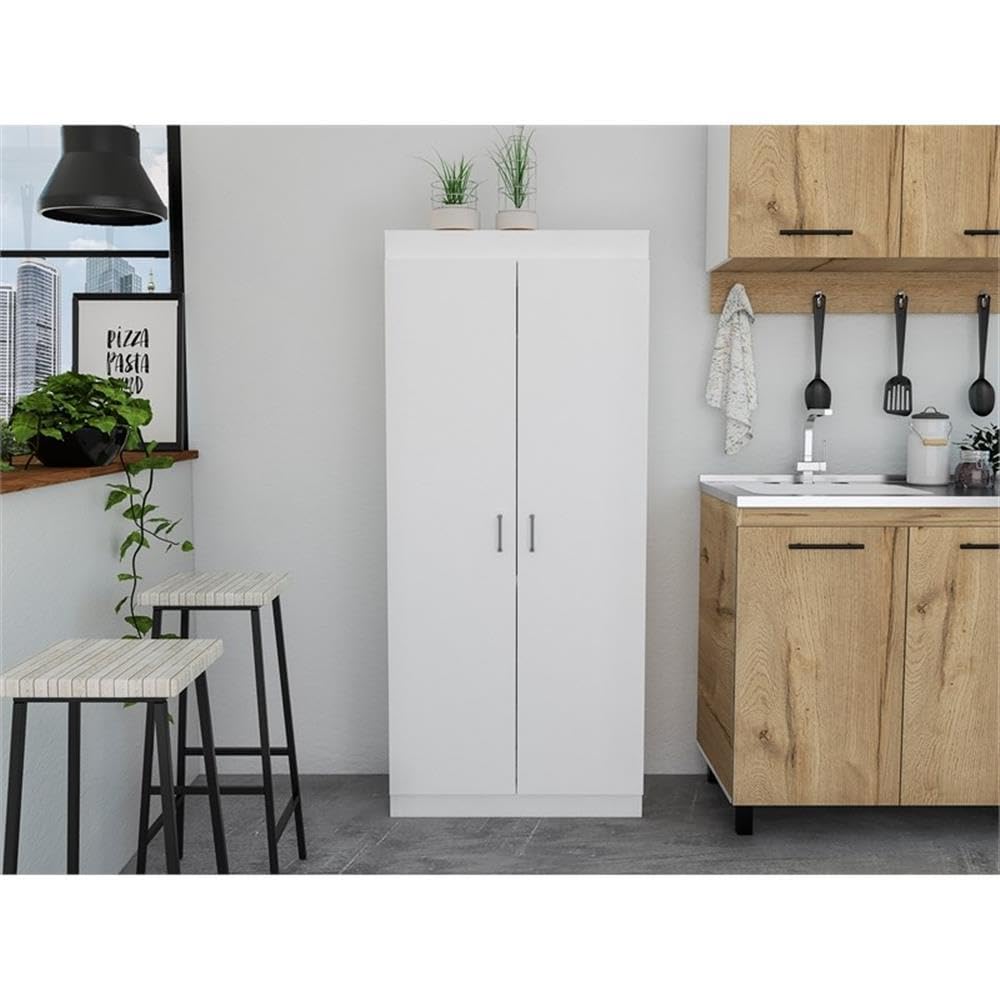TUHOME Varese Pantry Cabinet  Two Door Cabinet  Three Internal Door Shelves  Five Shelves  White   For Kitchen Room