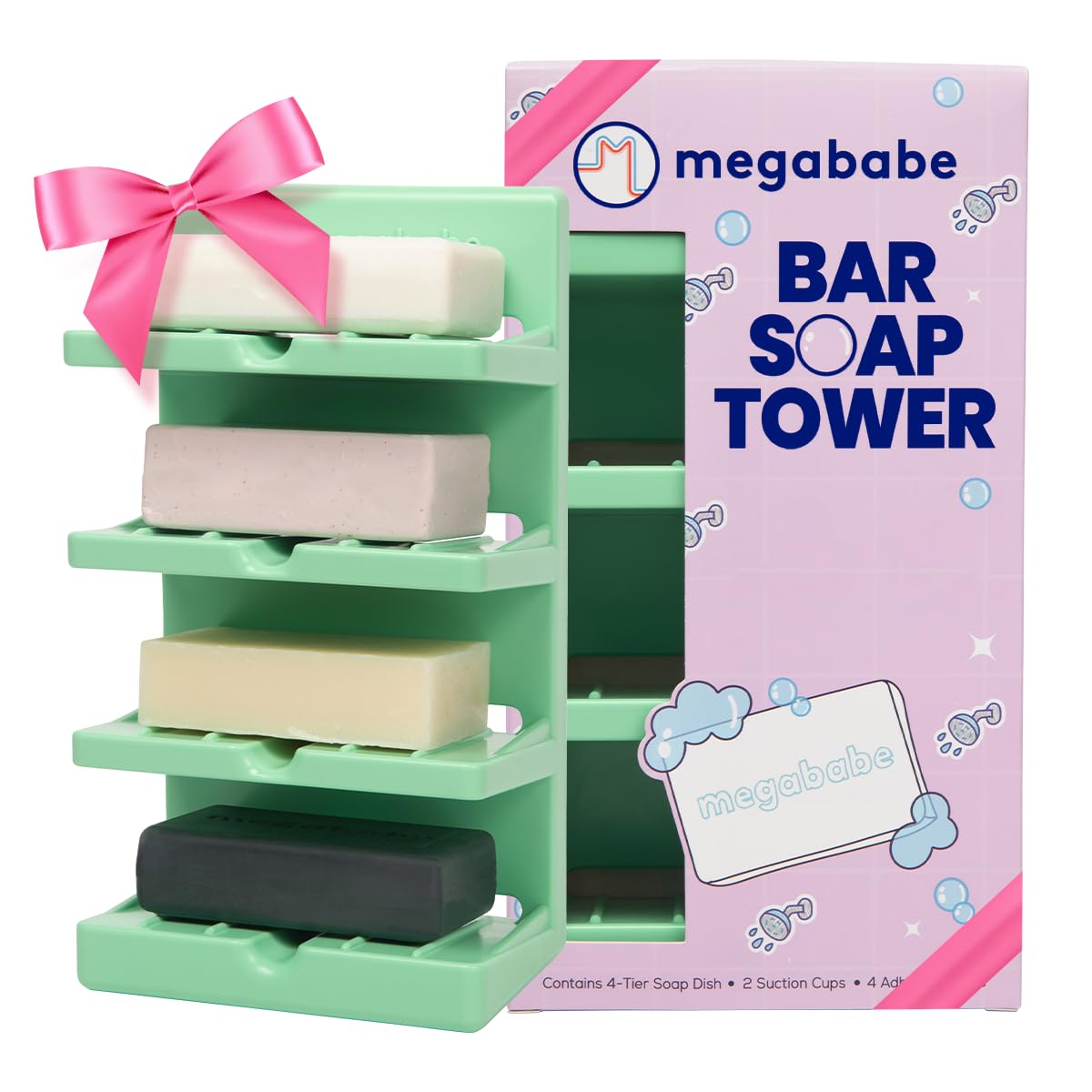 Megababe 4-Tier Bar Soap Tower | Stocking Stuffer Holds 4 Bars | Suctions or Sticks | Self-Draining