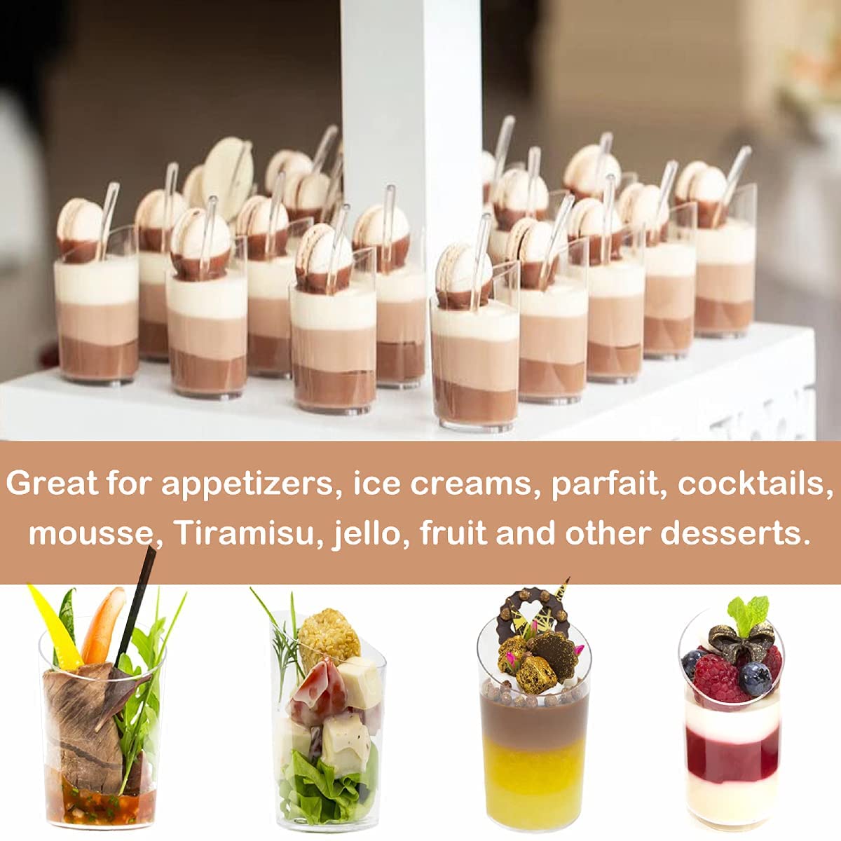 Zezzxu 50 Pack Mini Dessert Cups With Spoons, 2.2 Oz Plastic Small Dessert Shotter Cups Slanted Appetizer Cups For Serving Mouss