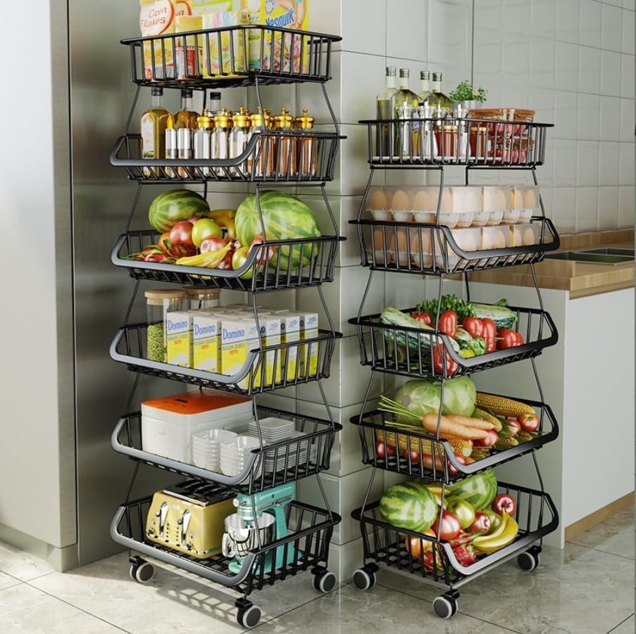 Carolyndesign Kitchen Storage Baskets Black Iron Wire Storage Bins With Wheels And Feet, Stackable Vegetable Storage Baskets (6-