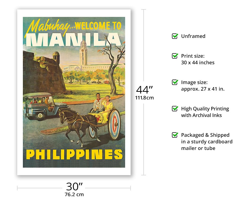 Manila Philippines - Mabuhay (Welcome) - Vintage Travel Poster C.1950S - Fine Art Matte Paper Print (Unframed) 30X44In