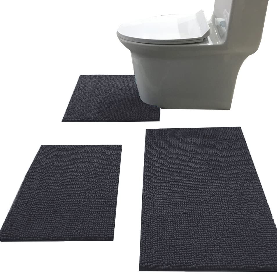 Madeals Bath Rug Set 3 Piece Bathroom Contour Rugs Combo, Soft Shaggy 2 Piece Bath Shower Mat And U-Shaped Toilet Floor Rug Blac