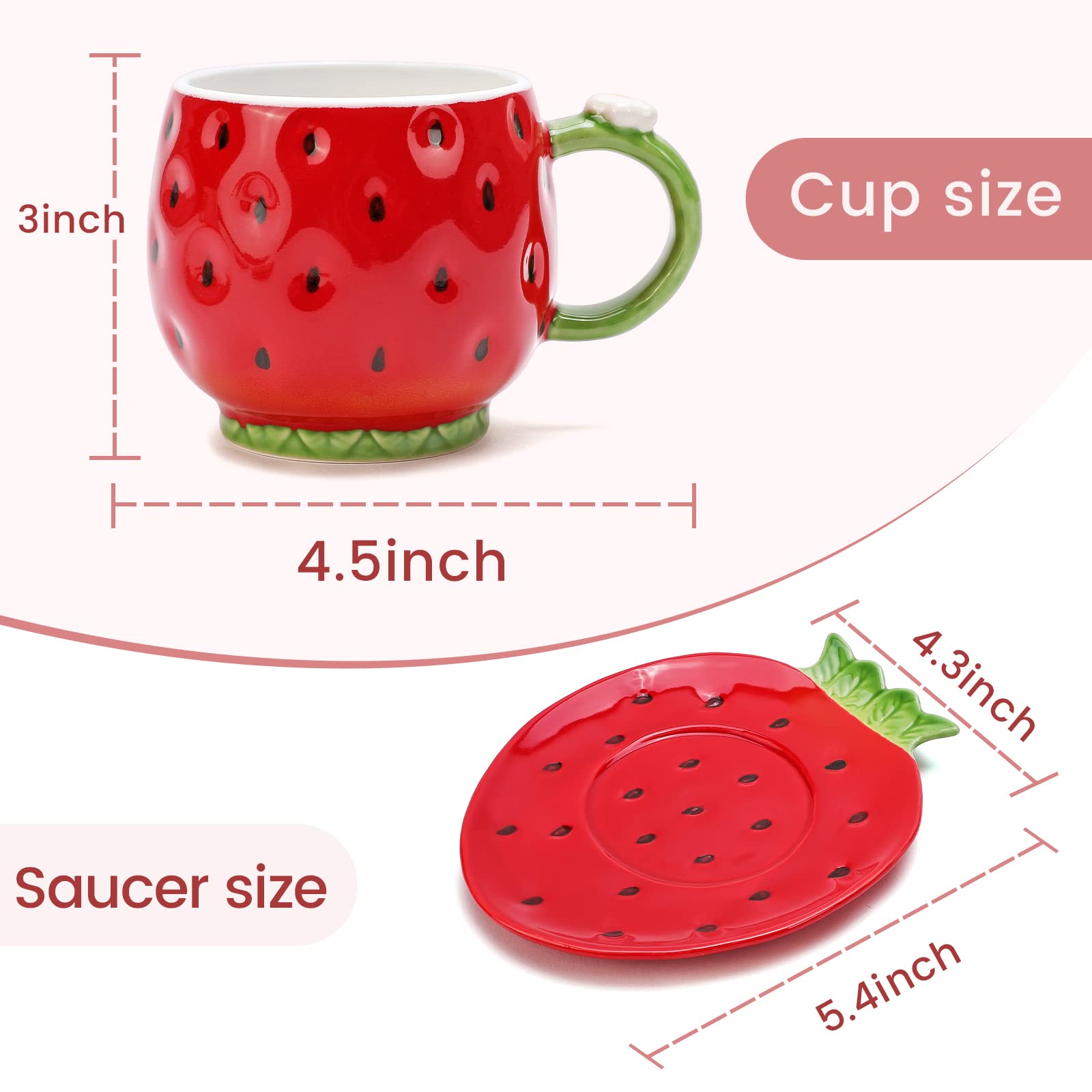 Noviko Ceramic Tea Cup And Saucer Coffee Mug Strawberry Coffee Cup With Saucer - 8 Ounce (Red)