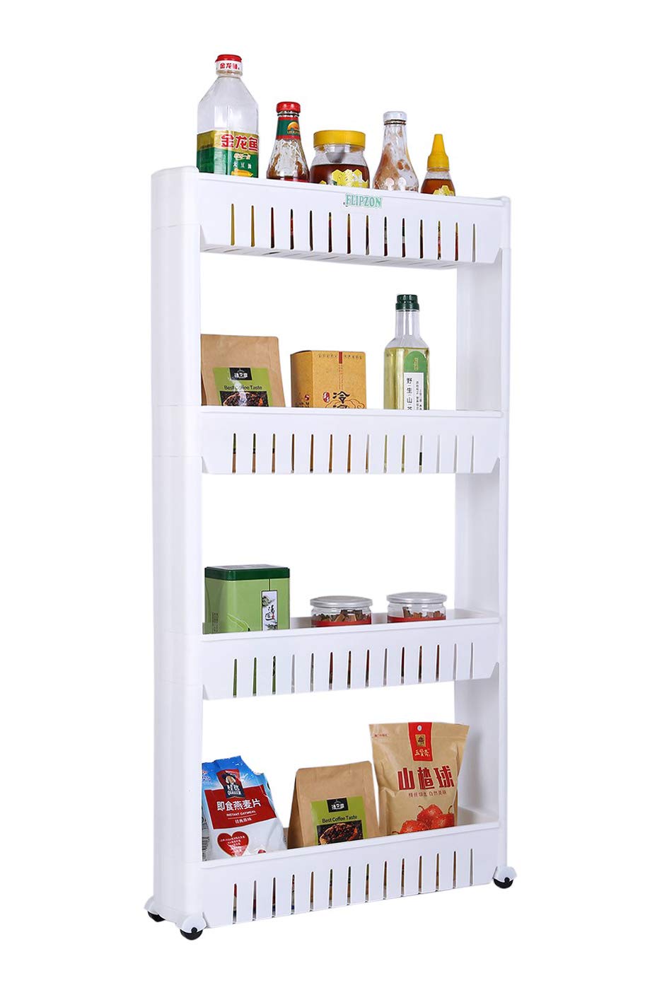 FLIPZON 4 Layer Multipurpose Floor Mount Plastic Storage Organizer Slim Rack Shelf With Wheels|Slim Slide Out Kitchen Trolley Ra