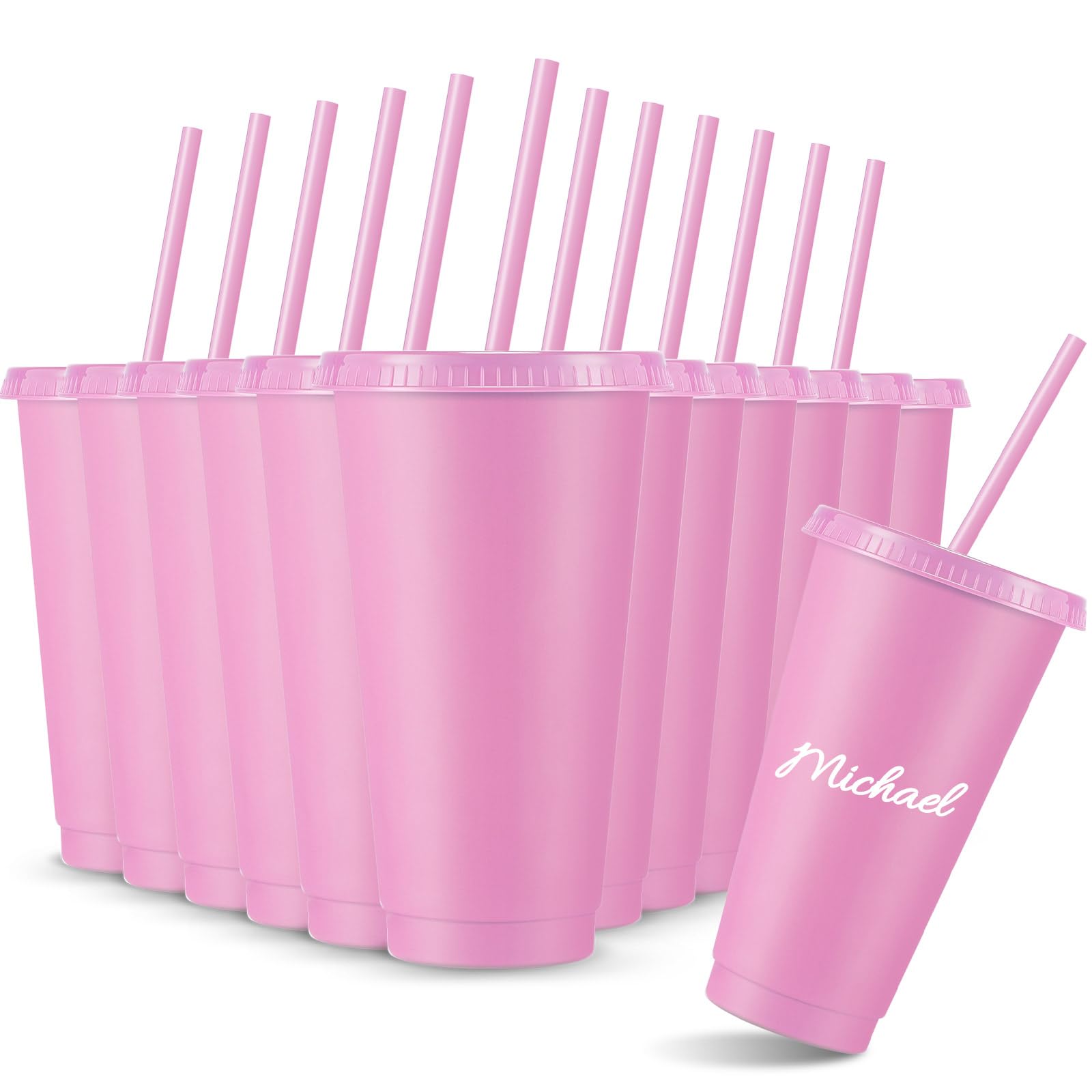 Amyhill 12 Pcs Reusable Plastic Cup with Lid and Straw 24 oz Plastic Tumbler Bulk Iced Coffee Cup Travel Mug for Girl Smoothie J