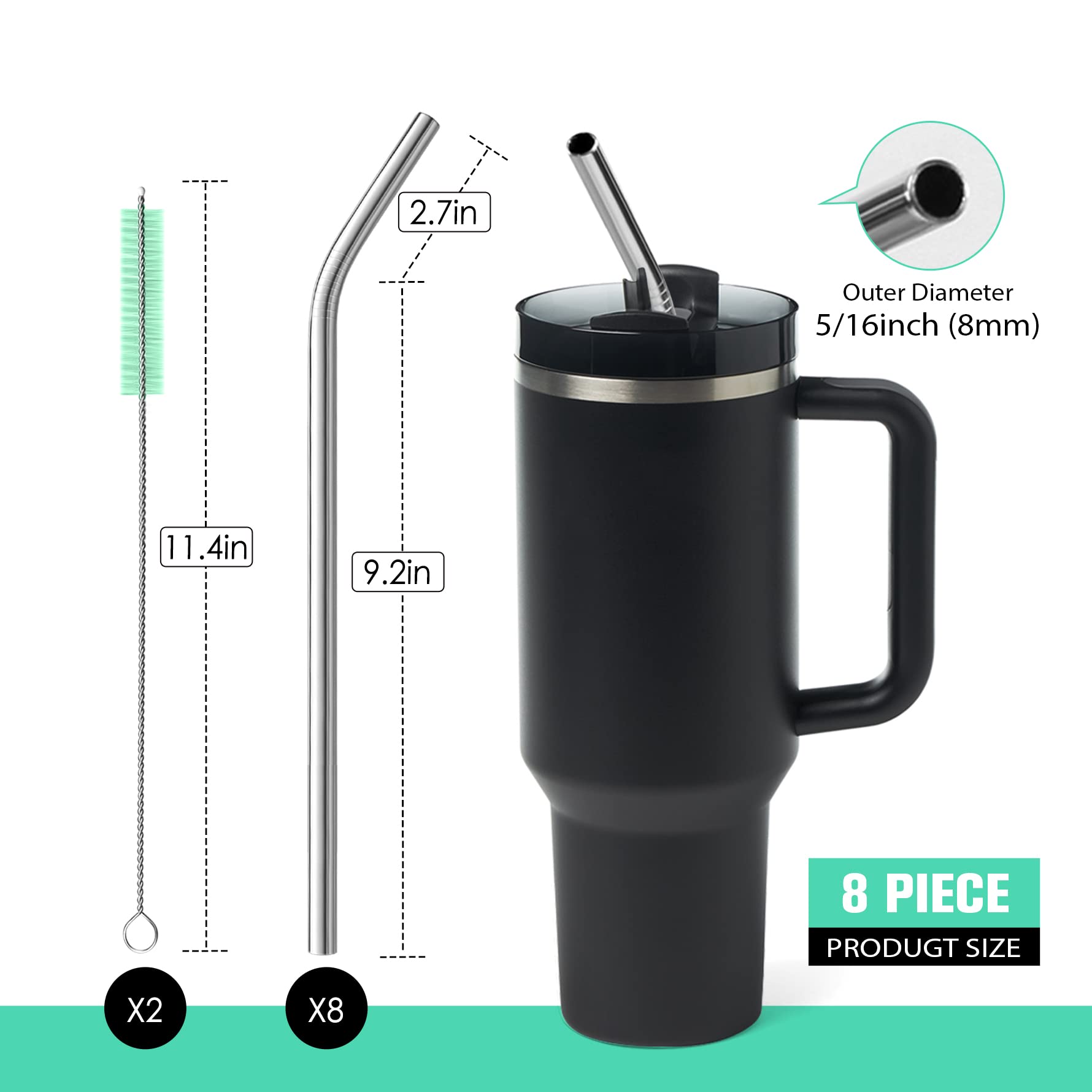 8 Piece 5/16 Inch (8Mm) Wide Bent Stainless Steel Straws For 40 Oz Tumbler With Handle, 12 Inch Long Reusable Metal Drinking Str