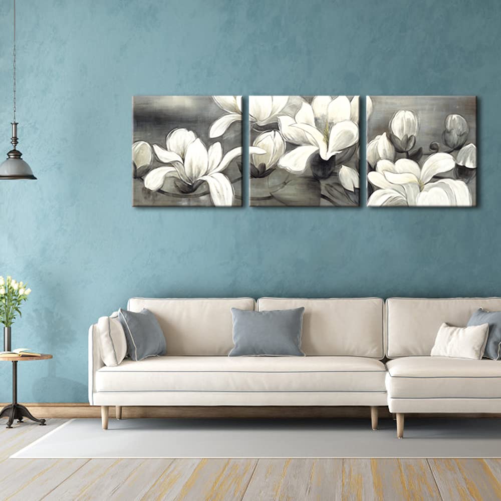 Wieco Art Magnolia Flowers Canvas Prints Wall Art 3 Pcs White And Grey Floral Pictures Paintings Ready To Hang For Living Room B
