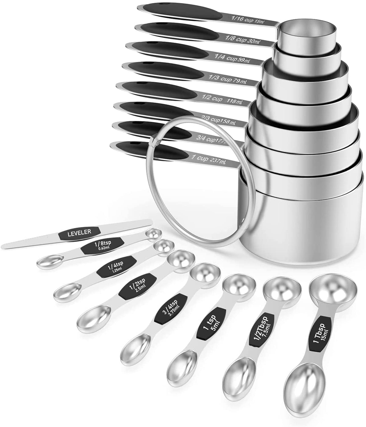 Wildone 16Pc Stainless Steel Measuring Cups Set, 8 Measuring Cups & 7 Double-Sided Magnetic Measuring Spoons Stackable & 1 Level
