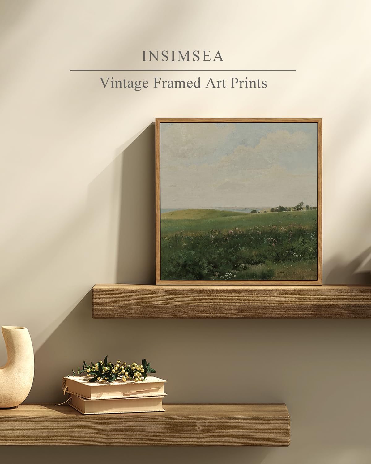 Insimsea Square Framed Canvas Wall Art, Farmhouse Decor Vintage Vast Grassland Painting Prints, Desk Decor, Nature Scenic Artwor