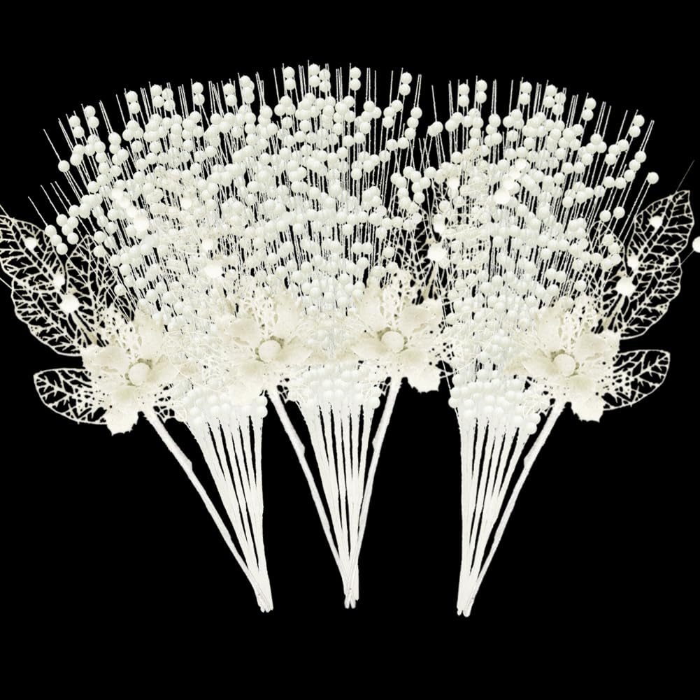 28 Pack White Christmas Tree Ornaments, Artificial Glitter Berry and Flowers Stem Branches Picks for Xmas Tree Decoration Gift S