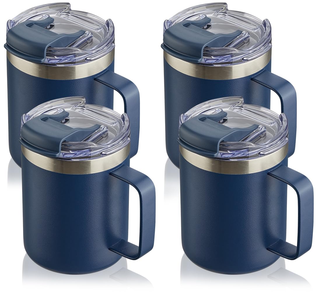 Aloufea 12Oz Stainless Steel Insulated Coffee Mug With Handle, Double Wall Vacuum Tumbler Cup With Fliping Lid, Navy, 4 Pack