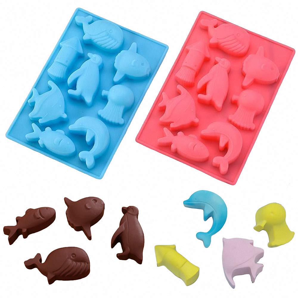 2Pcs Marine Chocolate Mold, Under The Sea Animal Silicone Ice Cube Trays, Whale Fish Dolphin Penguin Squid Octopus Silicone Jell
