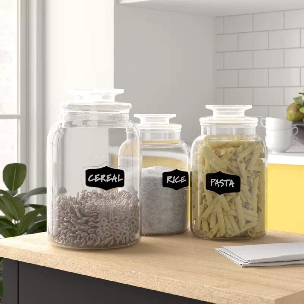 Glass Canister Set For Kitchen Or Bathroom With Airtight Lid And Chalkboard Labels, Apothecary Glass Food Storage Jars,Set Of 3