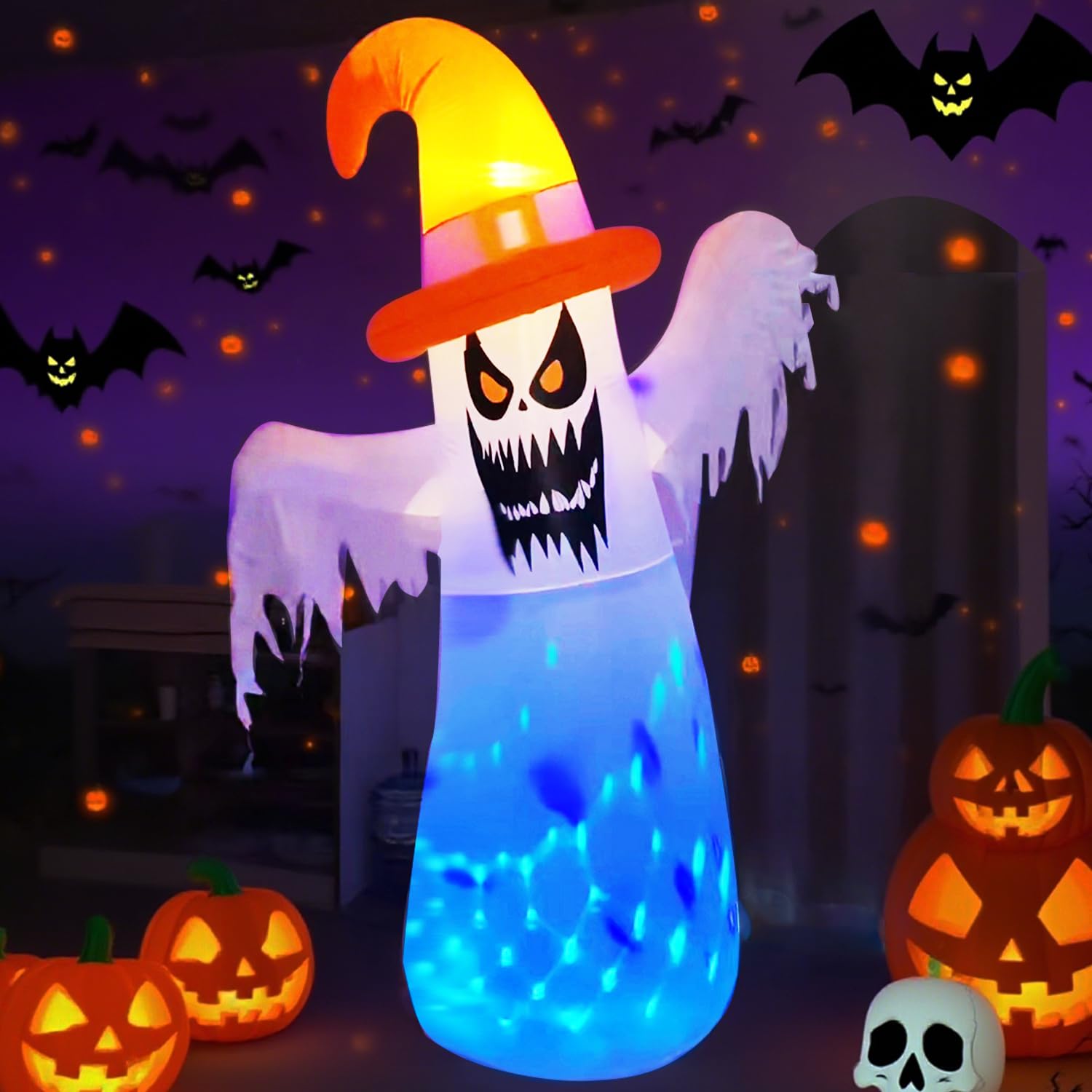 JUST FOR PARTY 8.2 Ft Halloween Inflatable Giant Ghost Outdoor Decorations, Blow Up Spooky Wizard Ghost with Yellow Cap and Buil